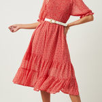 Hayden Smocked Ruffle Red Floral Midi Dress Medium Cottagecore Boho Silk Fall Photo 0