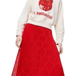 Aritzia Little Moon Red Floral Lace Pleated Midi Skirt Size Photo 0
