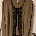 Vntg Koret Tan With Black Trim Paisley Embroidered Open Cardigan Size Large Brown Photo 0