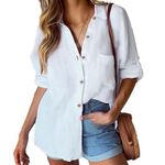 Women's Cotton Button Down Shirt Long Sleeve Loose Fit (206) White Size XL Photo 0