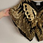 Vintage 70s Gold Black Silk Sequin Beaded Butterfly Boho Disco V Neck Drape Top Photo 3