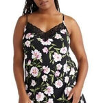 Joyspun Women’s Lace Trim Knit Chemise, Size 2X, BLACK WITH PINK FLOWERS Photo 0