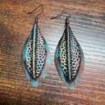 Artistic Earrings Featuring A Turquoise & Brown Leaf Design. Blue Photo 1