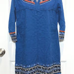 Rini Blue Embroidered Boho Tunic Dress XL Cotton V Neck 3/4 Sleeve Hippie Photo 0