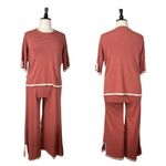 Fashion Knit 2 Piece Set Wide Leg Crop Pant Salmon Cream Trim Women’s Size XL Pink Photo 7