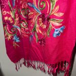 Pink and Blue Floral Embroidered Scarf with Tassels Photo 3