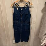 Venus Cute dark denim stretchy  mini zip front dress pockets skinny straps Photo 7
