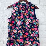 J.Crew  Factory Navy Blue Multi Color Bright Floral Ruffle Neck Top Blouse Size S Photo 2