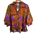 Oddy Top Women S NWT Orange Purple Floral Puff 3/4 Sleeve Button Up Spring Palm Photo 0