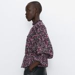 ZARA  RUFFLED PRINT HIGH COLLAR BLOUSE Black/Pink Photo 1