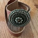 Fossil Belt Womens Medium BronzeLeather Tooled Floral Chunky Medallion Buckle, L Photo 9