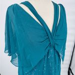 Badgley Mischka  Teal Silk Sequin Evening Gown Size 14 Draped Cape Formal Photo 1