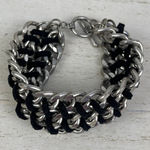 Source Unknown Silver Tone Chain Link Bracelet Black Braided Faux Leather Toggle Clasp NWOT Photo 0
