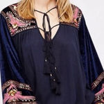 Free People Hearts Aflame Navy Blue Velvet Embrodiered Embellished Top Size XS Photo 0