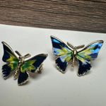 Butterfly Insect Blue Yellow Green Enamel Brooch Pin Gold Tone Set Of 2 Photo 1