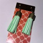 Handmade Mint tassel earrings brass vintage patina finish faux green suede dangle‎ NEW Photo 0