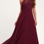 Lulus  XL Burgundy Lace Halter Neckline Maxi Formal Bridesmaid Prom Dress Photo 0