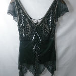 Scala  M Witchy Fairygoth Silver Beaded on Black Evening Top Photo 0