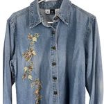Stuido West Vintage 90s Size Medium Emboridered Floral Denim Button Up Shirt Blue Photo 1