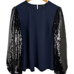 J.Crew  Black Sequin Sleeve Crepe Blouse in Navy Size Medium Holiday Preppy Photo 0