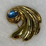 Vintage Jeri Lou Scarf Clip 2 Inch Gold Color Metal Blue Stone Setting Photo 8