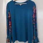 The Pioneer Woman Blouse Floral Sleeves Pullover Teal Blue Cottage Chiffon 3X Green Photo 1