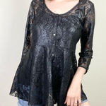 Free People Black Shimmer Sheer Floral Lace Henley Neck Flare Blouse Top Size L Photo 0