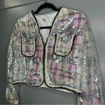 NWT Lola + The Boys Shimmer Sequin Houndstooth Bomber Jacket Silver Size Small Pink Photo 2