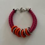 Boho Chic Colorful Bracelet Pink Braided Cords W Orange & Silver Rings Photo 0