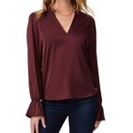 Paige NWT Dusty Cherrywood Laurin Satin Frilled Ruffled Long Sleeve Blouse XS Photo 0