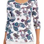 Karen Scott  Sport Shirt Top Women's Small White Blue Flowers 3/4 Sleeve Photo 0