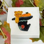 Hand Painted Wooden Bear Pin Brooch with Pumpkin – Fall Autumn Primitive Photo 2