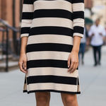 H&M Striped Sweater Dress Tan Black Womens Sz Medium Knee Length Long Sleeve Photo 0