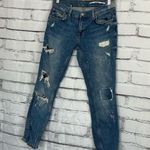 ZARA  Cropped Straight Leg Jeans Size 4 Medium Wash Distressed Ripped Capri Y2K Photo 7