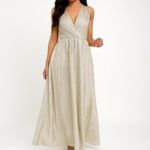 Lulus  All that Shimmers is Gold Light Gold Maxi Plunging Neck Dress Size XS Photo 0