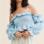 Free People Allina Liu Blue Eyelet Off Shoulder Puff Sleeve Top Size XS Photo 0