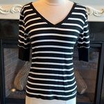 Calvin Klein  Vneck Cotton Knit Top Black White Stripe Shirt Photo 0