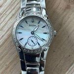 Bulova Diamonds Ladies Watch Pearl Dial Stainless Bracelet Blue Markers 96R55 Photo 6