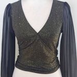 Moa Moa  Black and Gold Top with Full Sheer Sleeves NWOT Size XS Black Wrap Top Photo 1