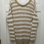 John + Jenn Women's Tan and White Loose Knit Long Line Stripe Sweater - Sz Small Photo 0