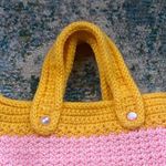 Vintage handmade crochet pink flower button tote Yellow Photo 2