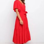 Boutique Bright Red V-neck Flutter Sleeve Midi Dress Photo 2