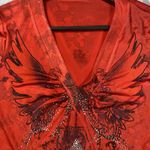 M by Amour XL Top Graphic Angel Wing V Neck 3/4 Sleeve Red Embellished Stretch Photo 6