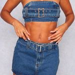 indigo. NWT PRETTYLITTLETHINGS- Vintage Wash Buckle Detail Denim Mini Bandeau Top Photo 1