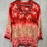 Susan Graver  Top Womens Small Red Geometric‎ Print Beaded Boho Artsy Oversized Photo 0