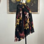 DR2 Womens Size Large Black Floral Print High Neck Swing Blouse Sheer Sleeves Photo 2