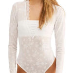 Free People Women’s XS Babes in Bandeaus Bodysuit White Long Sleeve Lace Sheer Photo 0