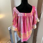 BeachLunchLounge  Square Neck Plaid Flutter‎ Sleeve Blouse Pink Yellow Orange XL Photo 6