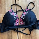 Hula Honey  Black Embroidered Floral Bikini Top Size M Photo 3