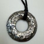 Lia Sophia  Round Mosaic Mother of Pearl Pendant Necklace Black Suede Cord Photo 0
